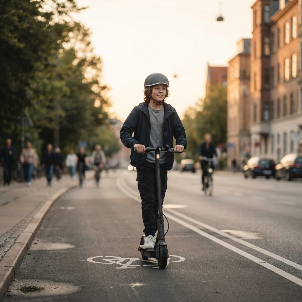 A young rider wearing a helmet riding an electric scooter responsibly in a bike lane